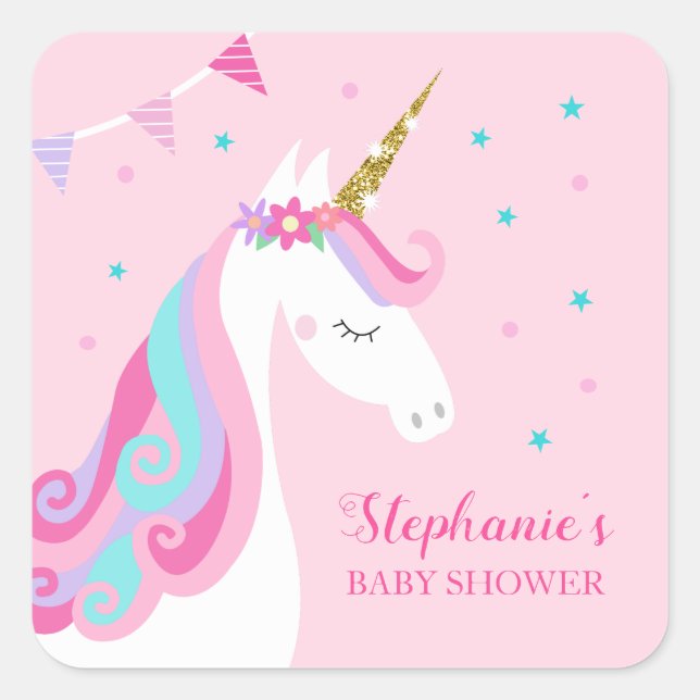 Unicorn Baby Shower Pink Square Sticker (Front)