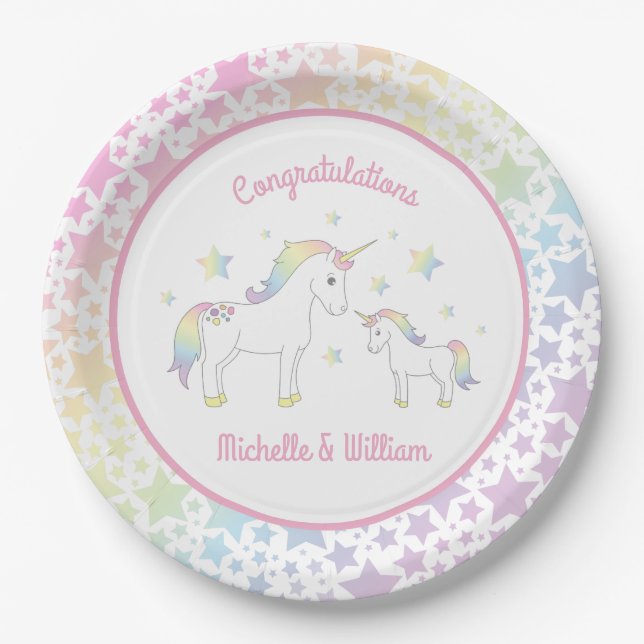 Unicorn Baby Shower Rainbow Paper Plates (Front)