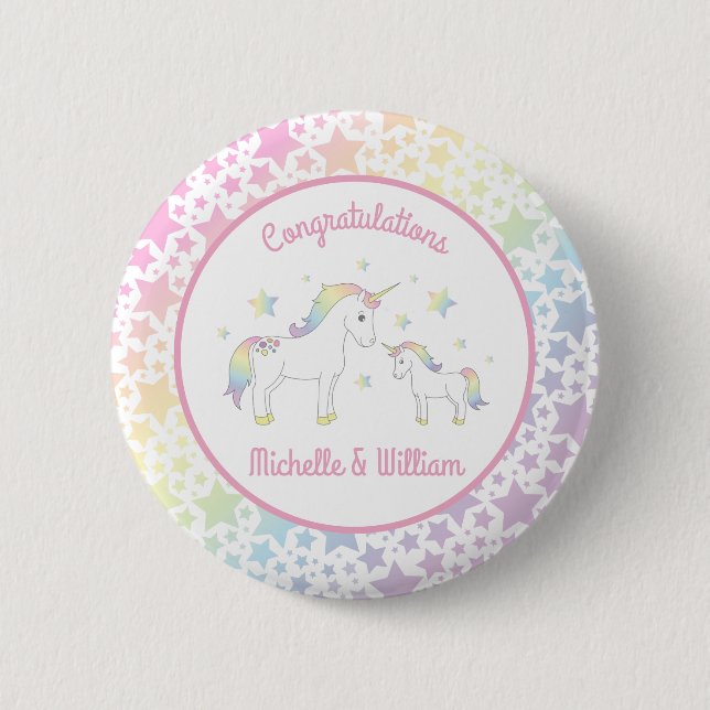 Unicorn Baby Shower Rainbow Pastel Button (Front)