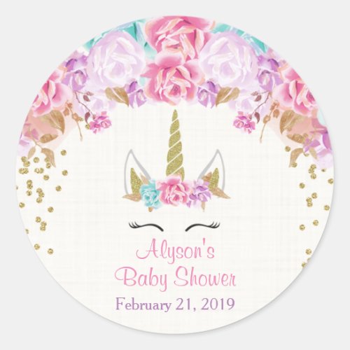 Unicorn baby shower stickers pink and gold classic round sticker