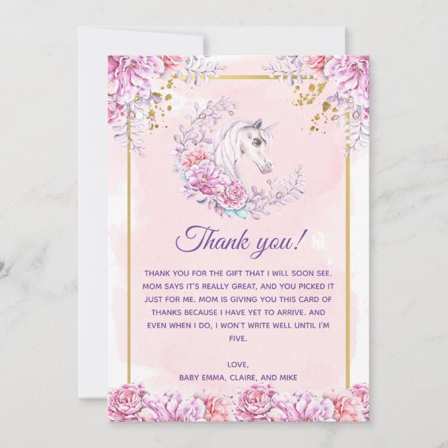 Unicorn Baby Shower Thank You Card (Front)