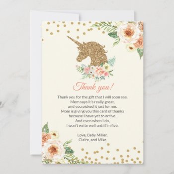 Unicorn Baby Shower Thank You Card Peach Gold by pinkthecatdesign at Zazzle