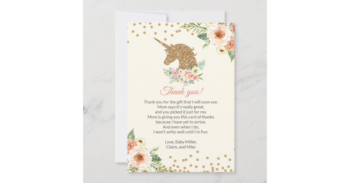 Unicorn Baby Shower Thank You Card Peach Gold Zazzle Com