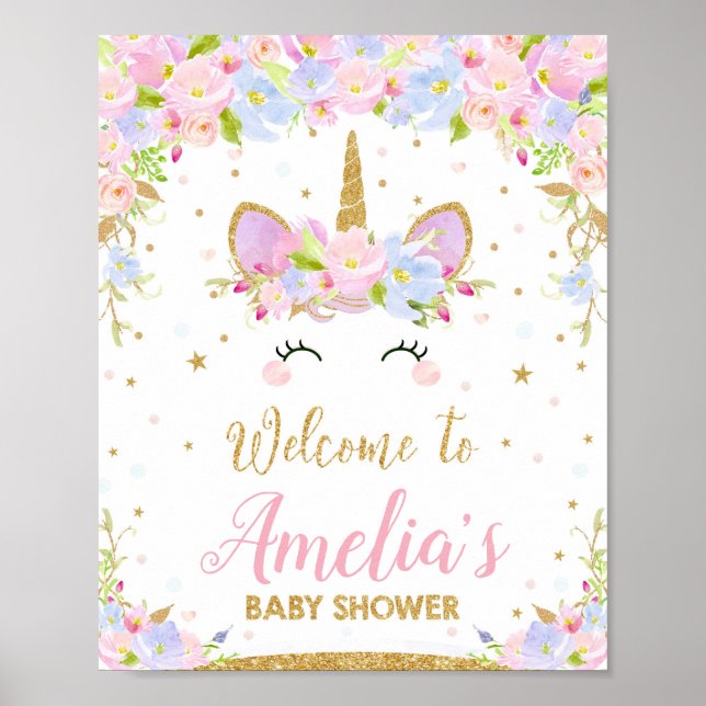 Unicorn Baby Shower Welcome Sign Poster Decor (Front)