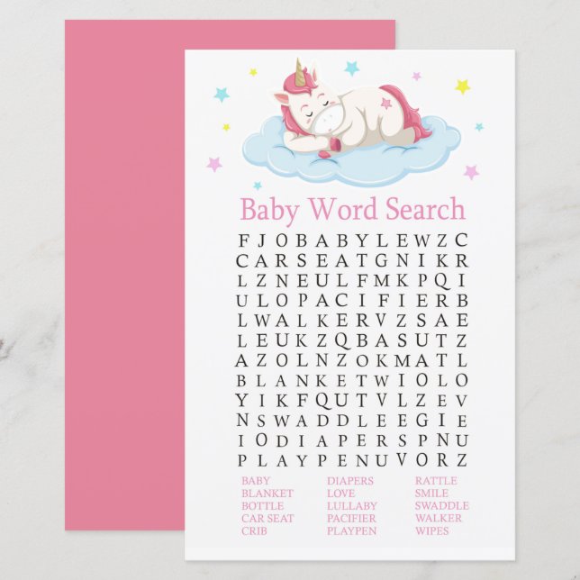 Unicorn Baby Shower Word Search Game (Front/Back)
