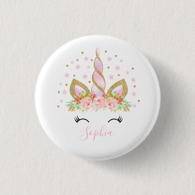 Unicorn Badge Unicorn Favor Party Pin Pink & Gold (Front)