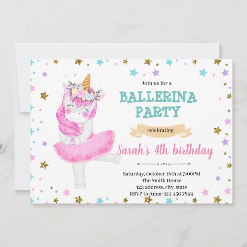 Unicorn ballerina party invitation