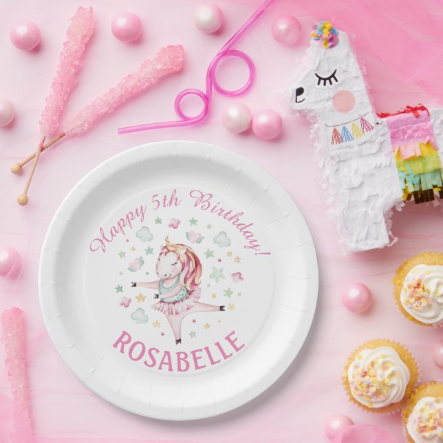 Unicorn Ballerina PInk Birthday Party  Paper Plates (Party)