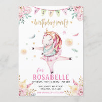 Unicorn Ballerina Pink Floral Birthday Party Invitation