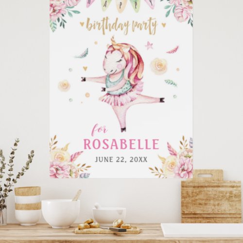 Unicorn Ballerina Pink Floral Birthday Party Poster