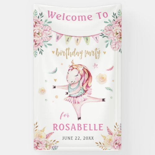 Unicorn Ballerina Pink Floral Birthday Welcome Banner