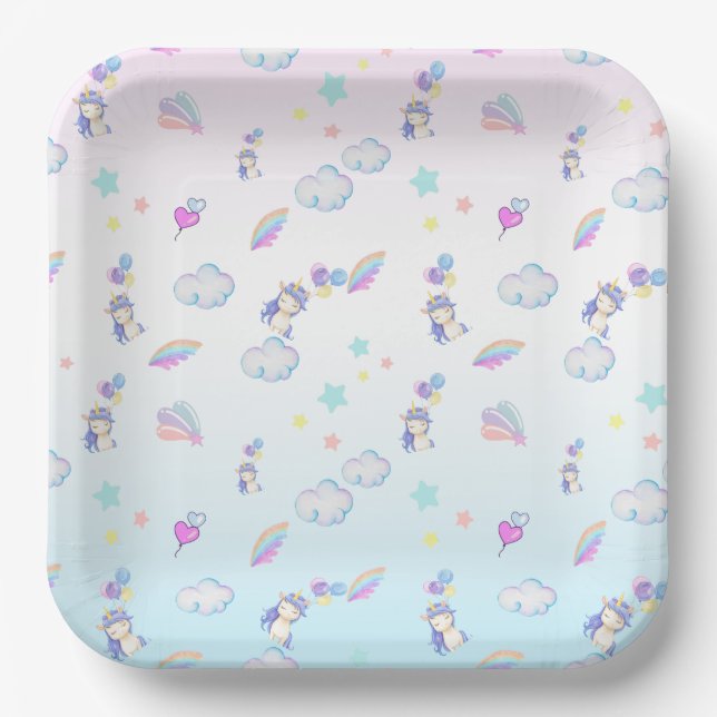 Unicorn balloon rainbow gradient  birthday party  paper plates (Front)