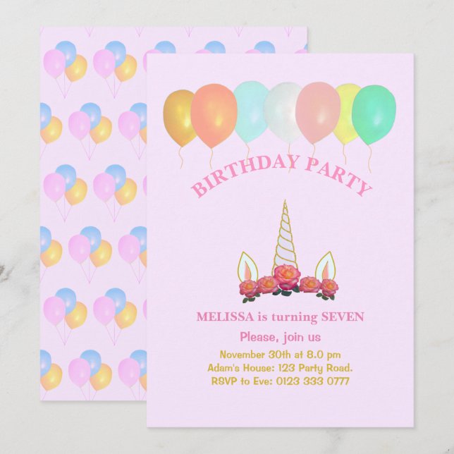 Unicorn & Balloons Birthday Invitation (Front/Back)