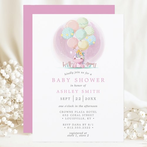 Unicorn Balloons Pink Watercolor Girl Baby Shower Invitation
