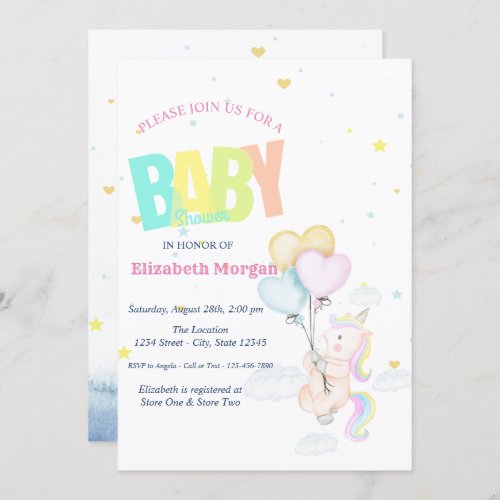 UnicornBalloonsStars Baby Shower Invitation