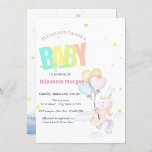 Unicorn,Balloons,Stars Baby Shower Invitation