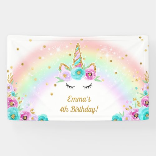 Unicorn banner with flowers and a rainbow