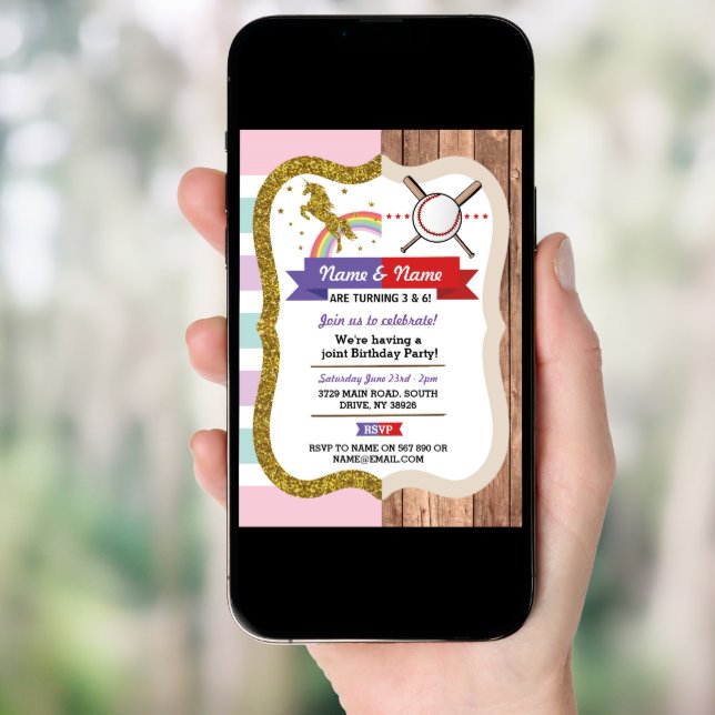 Unicorn & Baseball Joint Boy Girl Birthday Sports Invitation (Front Digital)