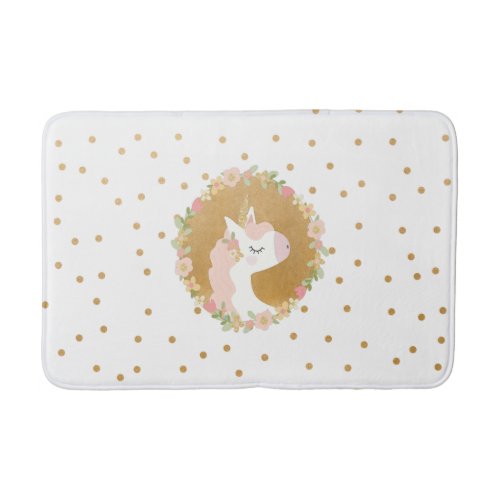 Unicorn bathroom decor pink floral gold confetti bath mat