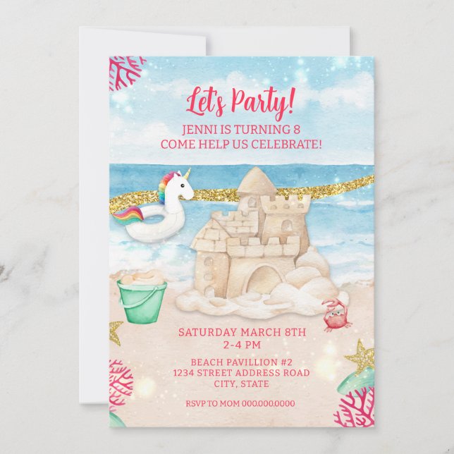 Unicorn Beach Summer Birthday Party Download  Invitation (Front)