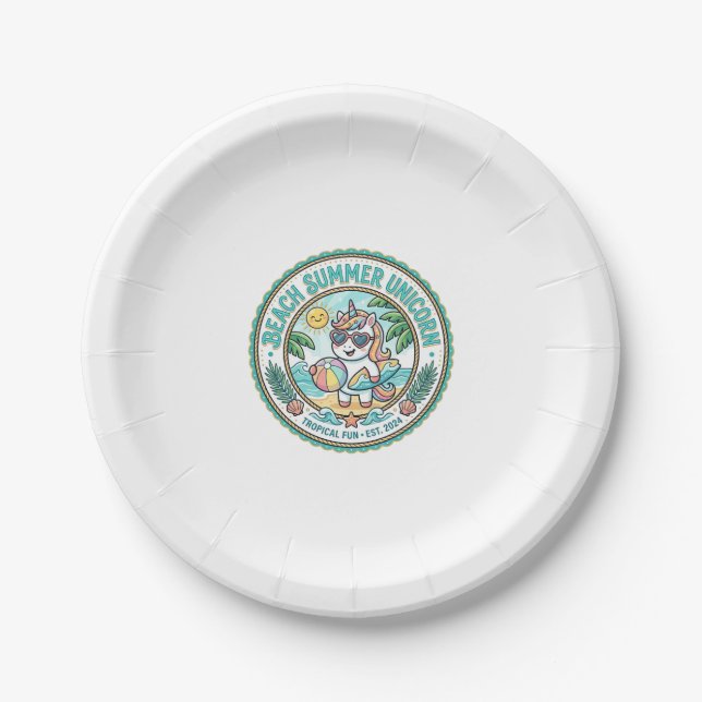 Unicorn Beach Summer Unicorn POD Ready Apparel Gra Paper Plates (Front)