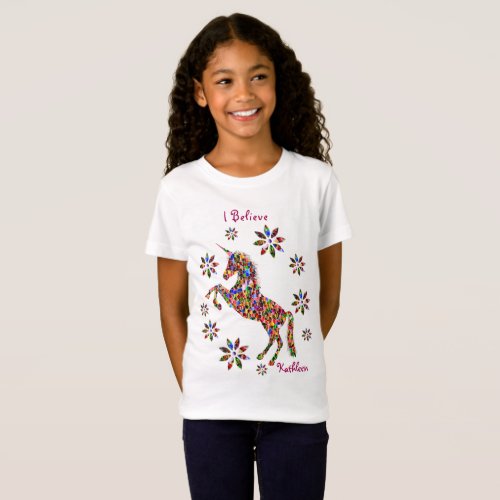  Unicorn Believe Flowers Glitter Personalize  T_Shirt
