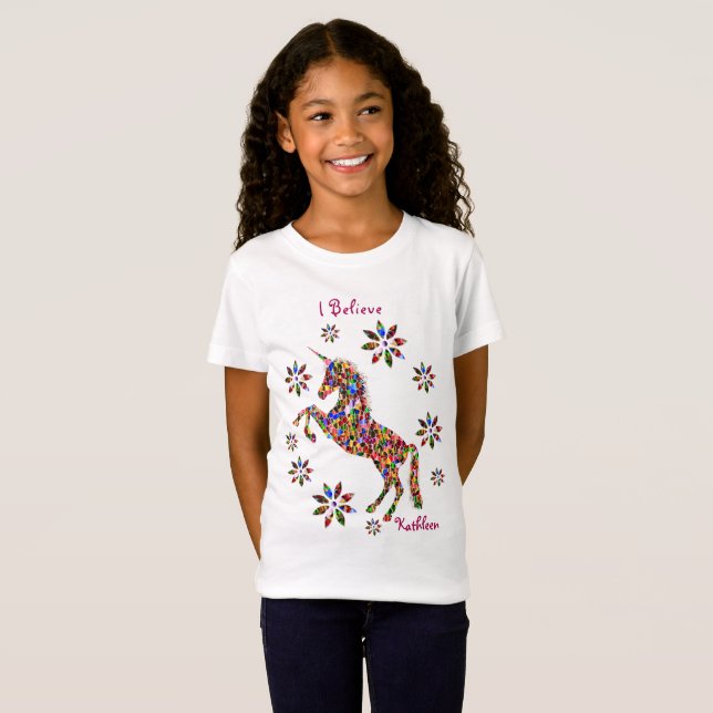  Unicorn Believe Flowers Glitter Personalize  T-Shirt (Front Full)