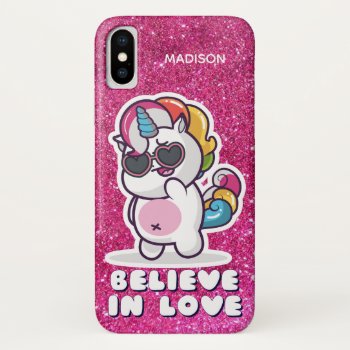 Unicorn Believe In Love Glitter Photo Custom Iphone X Case by StargazerDesigns at Zazzle
