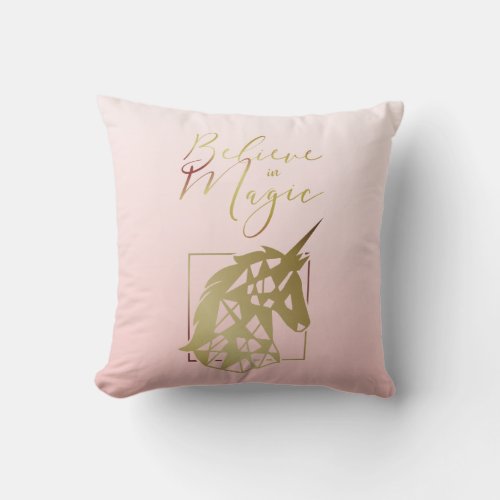 Unicorn Believe in Magic Quote on Pink Blush Throw Pillow
