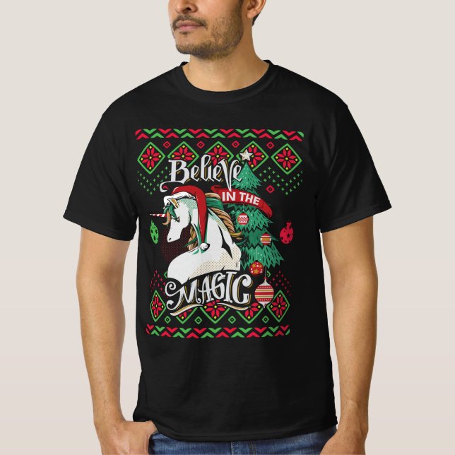 Unicorn Believe In The Magic Ugly Christmas T-Shirt (Front)
