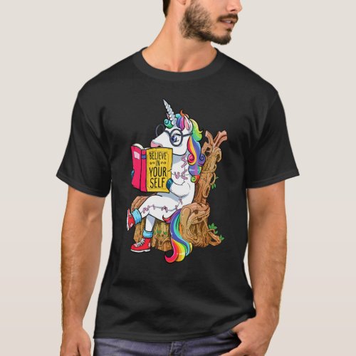 Unicorn Believe In Yourself Motivational Book T_Shirt