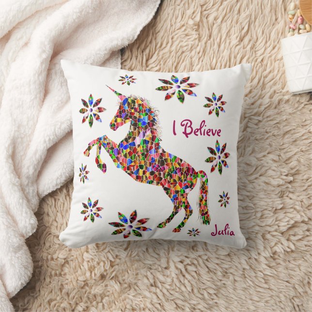 Unicorn Believe Magical Glitter Personalize Throw Pillow (Blanket)
