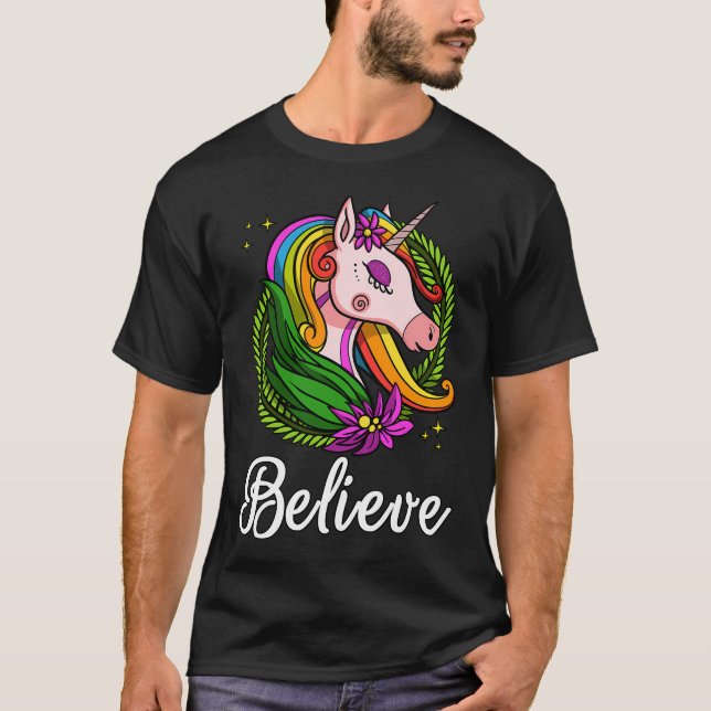 Unicorn Believe Magical Rainbow T-Shirt (Front)