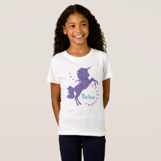 Unicorn Believe Purple Pink Faux Glitter Effect T-Shirt