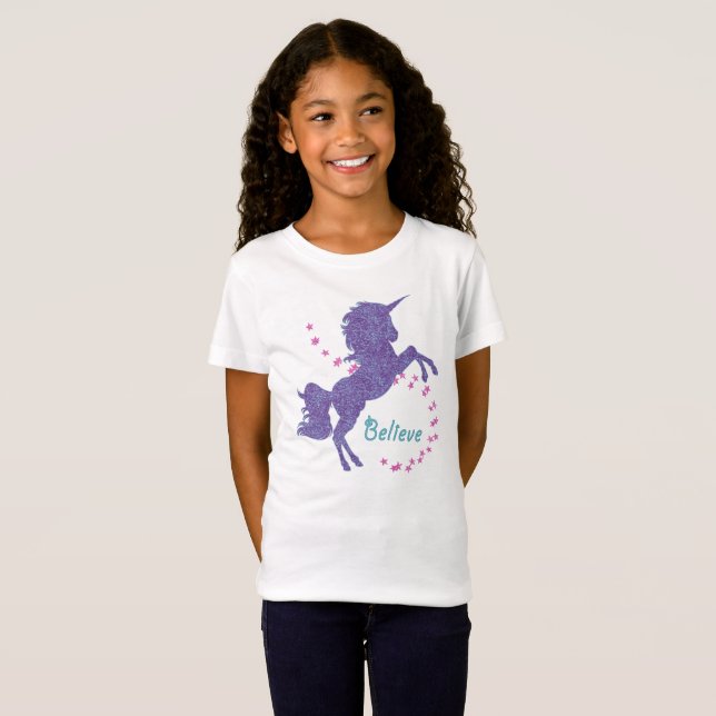 Unicorn Believe Purple Pink Faux Glitter Effect T-Shirt (Front Full)