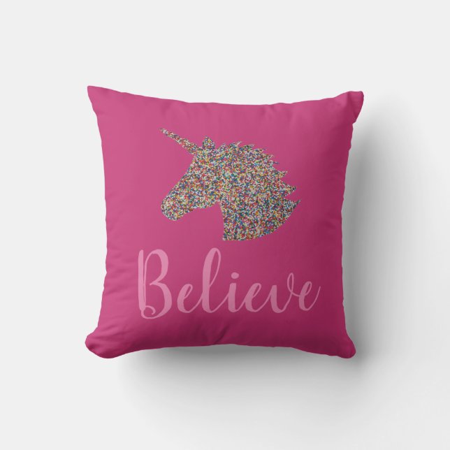 Unicorn Believe Rainbow Sprinkles Hot Pink Throw Pillow (Front)