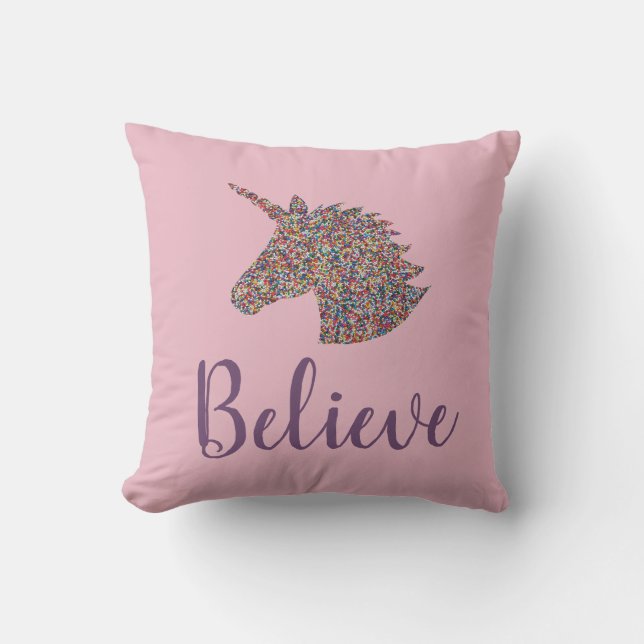 Unicorn Believe Rainbow Sprinkles Throw Pillow (Front)