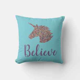 Unicorn Believe Rainbow Sprinkles Turquoise Throw Pillow