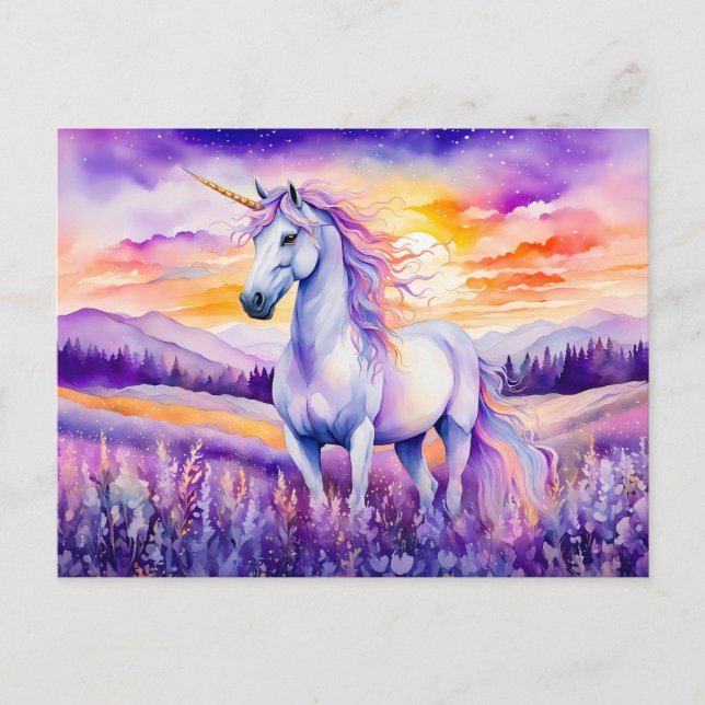 Unicorn Beneath Vibrant Sunset Rainbow Sky Postcard (Front)