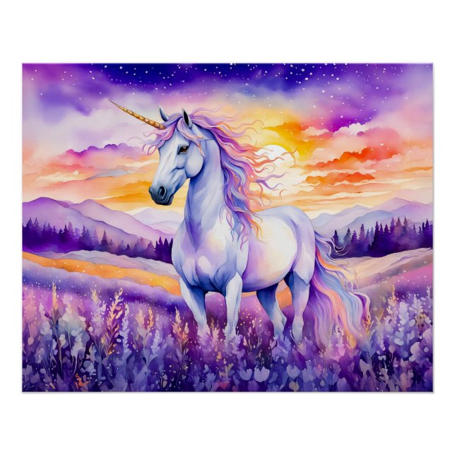 Unicorn Beneath Vibrant Sunset Rainbow Sky Poster (Front)