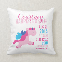 Unicorn Birth Announcement Nursery Pillow