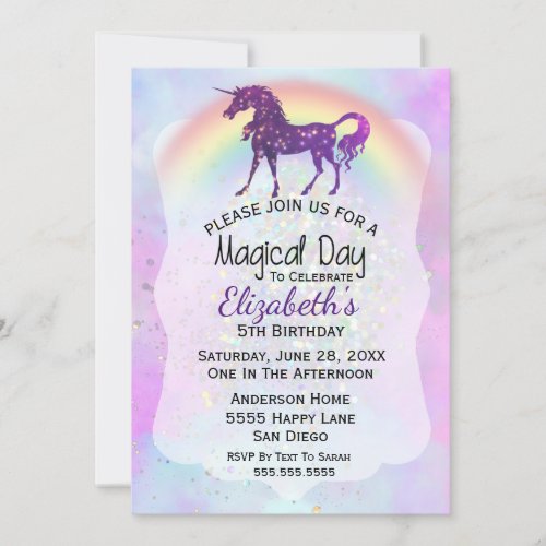 Unicorn Birthday 5th Birthday Girl Rainbow Invitation