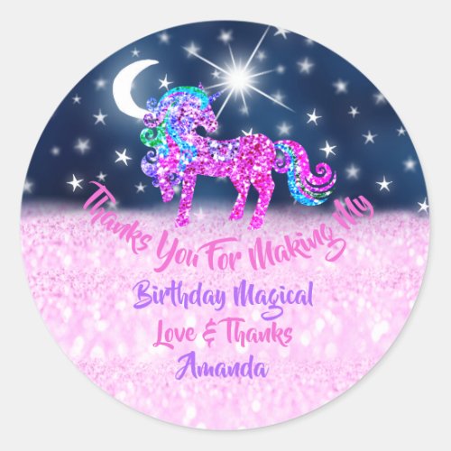 Unicorn Birthday Blue Navy Pink Thanks Stars Magic Classic Round Sticker