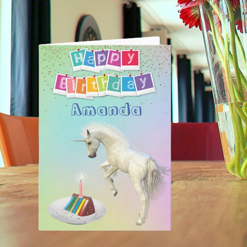 Unicorn Birthday Cake Personalized Happy Birthday Card