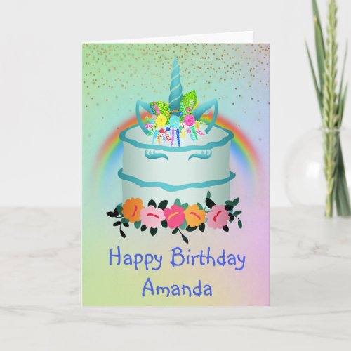 Unicorn Birthday Cake Personalized Rainbow Card