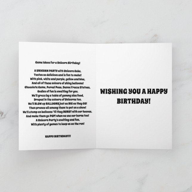 UNICORN birthday card for kids fun (Inside)