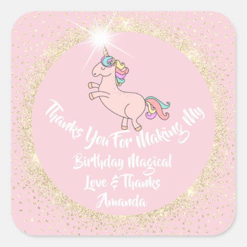 Unicorn Birthday Confetti Pink Thanks Gold Spark Square Sticker