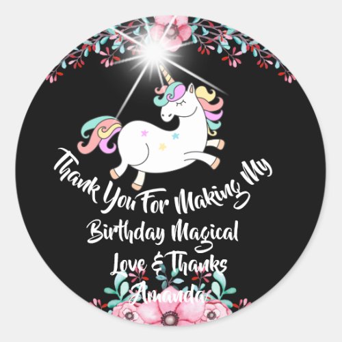 Unicorn Birthday Favor Black Thanks Stars Spark Classic Round Sticker