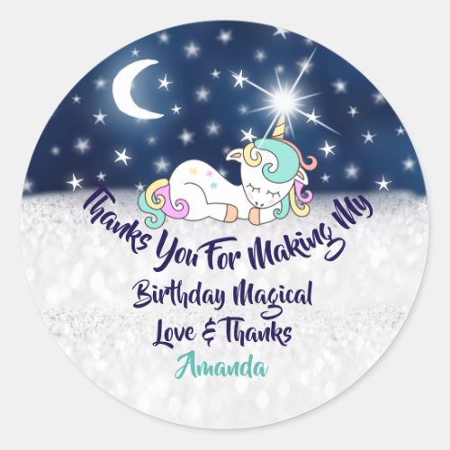 Unicorn Birthday Favor Blue Thanks Stars Spark Classic Round Sticker