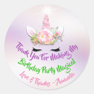 Unicorn Birthday Favor Pink Spark Gold Floral Blue Classic Round Sticker